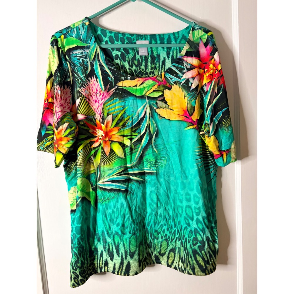 Chicos Tropical Floral Animal Print Top Green Short Sleeve Scoop Neck Size 3 XL